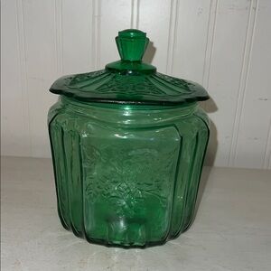 Vintage Green glass Mayfair biscuit jar Open Rose